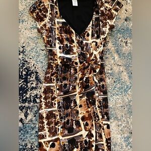 JFW Just for Wraps Midlength Elegant Brown Patterned Wrap Dress *Excellent* Sz S